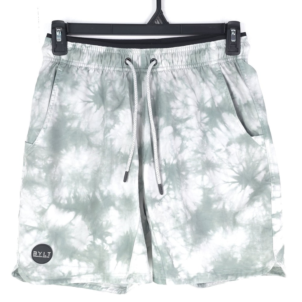 BYLT Premium Basics Mens M 7.5" Active Shorts Drawstring Lined Green Cloud Dye